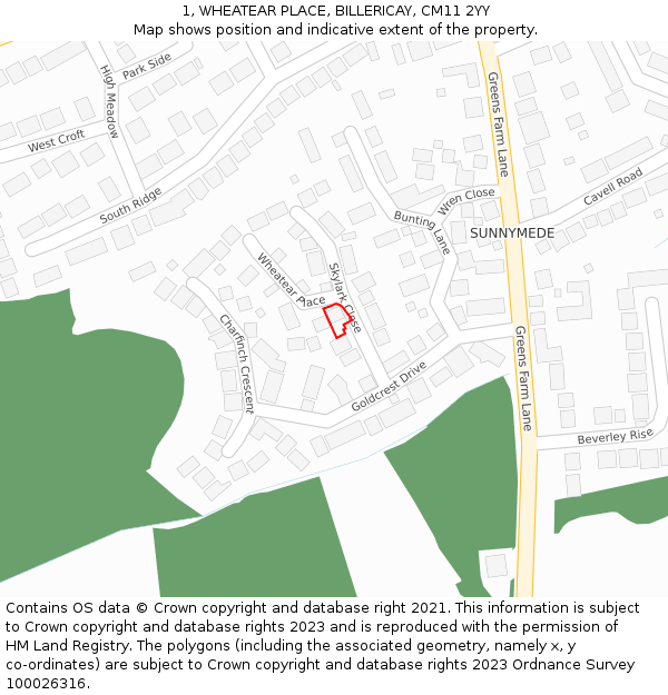 1, WHEATEAR PLACE, BILLERICAY, CM11 2YY: Location map and indicative extent of plot