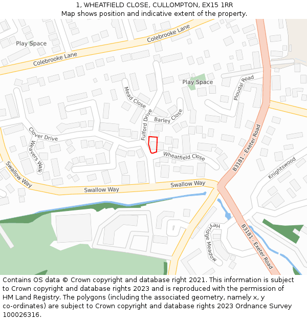 1, WHEATFIELD CLOSE, CULLOMPTON, EX15 1RR: Location map and indicative extent of plot