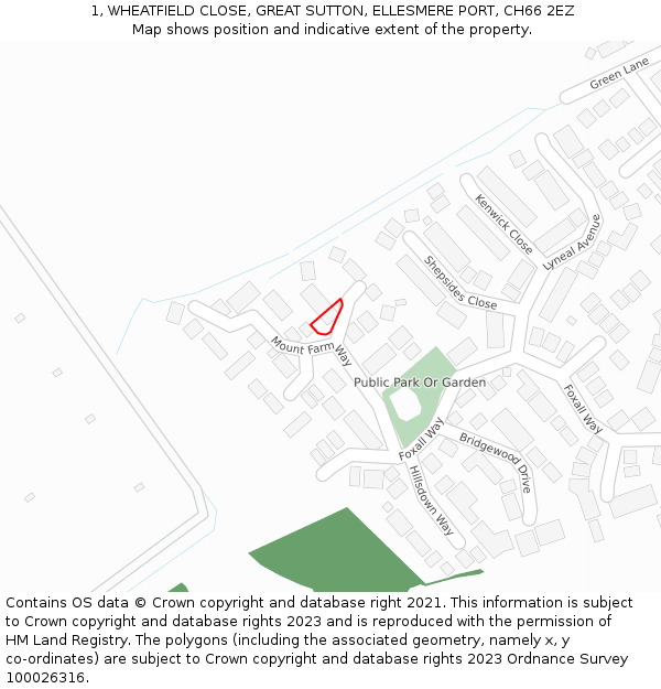 1, WHEATFIELD CLOSE, GREAT SUTTON, ELLESMERE PORT, CH66 2EZ: Location map and indicative extent of plot