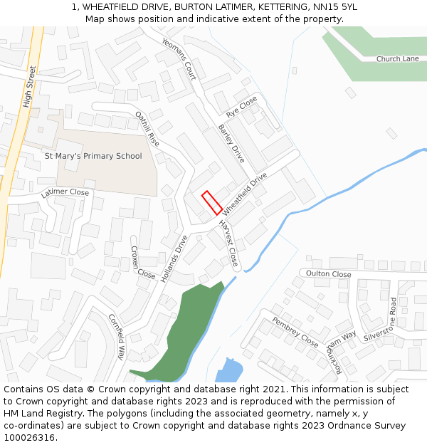 1, WHEATFIELD DRIVE, BURTON LATIMER, KETTERING, NN15 5YL: Location map and indicative extent of plot