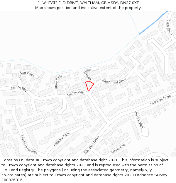 1, WHEATFIELD DRIVE, WALTHAM, GRIMSBY, DN37 0XT: Location map and indicative extent of plot