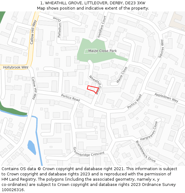 1, WHEATHILL GROVE, LITTLEOVER, DERBY, DE23 3XW: Location map and indicative extent of plot