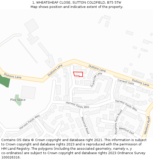 1, WHEATSHEAF CLOSE, SUTTON COLDFIELD, B75 5TW: Location map and indicative extent of plot