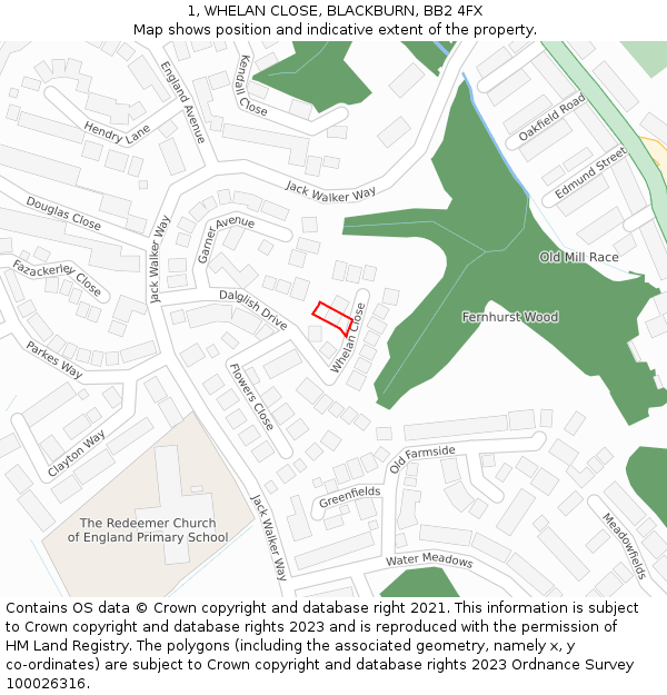 1, WHELAN CLOSE, BLACKBURN, BB2 4FX: Location map and indicative extent of plot