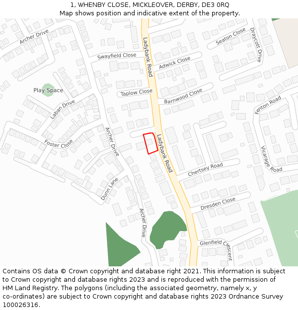 1, WHENBY CLOSE, MICKLEOVER, DERBY, DE3 0RQ: Location map and indicative extent of plot