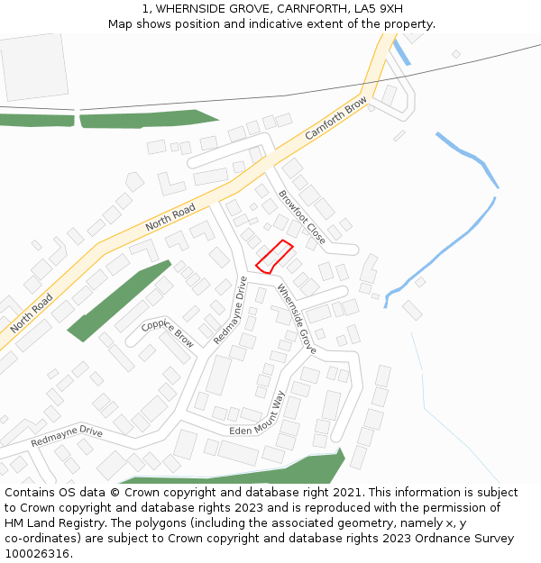 1, WHERNSIDE GROVE, CARNFORTH, LA5 9XH: Location map and indicative extent of plot