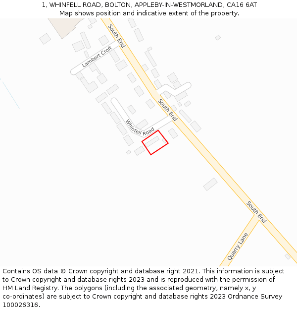 1, WHINFELL ROAD, BOLTON, APPLEBY-IN-WESTMORLAND, CA16 6AT: Location map and indicative extent of plot