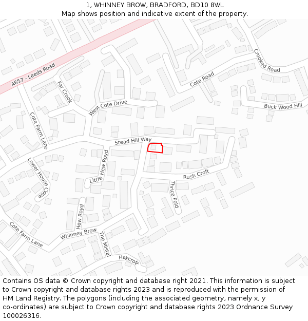 1, WHINNEY BROW, BRADFORD, BD10 8WL: Location map and indicative extent of plot
