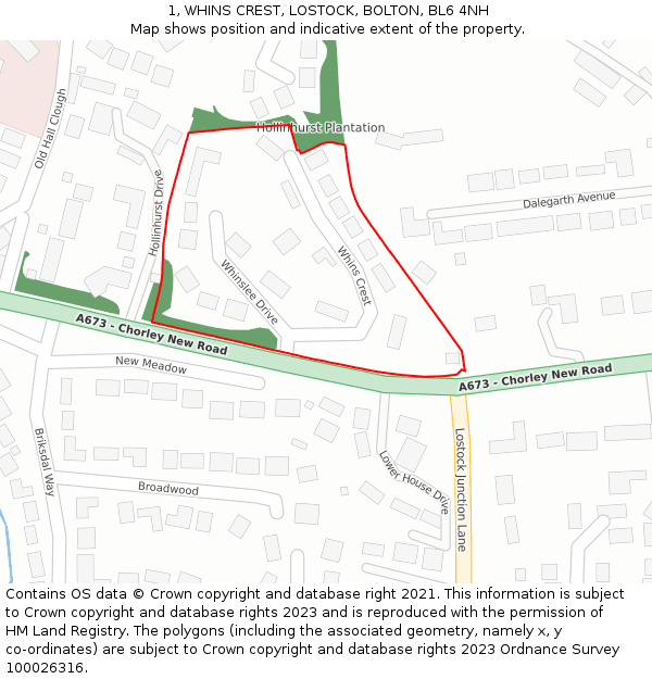 1, WHINS CREST, LOSTOCK, BOLTON, BL6 4NH: Location map and indicative extent of plot