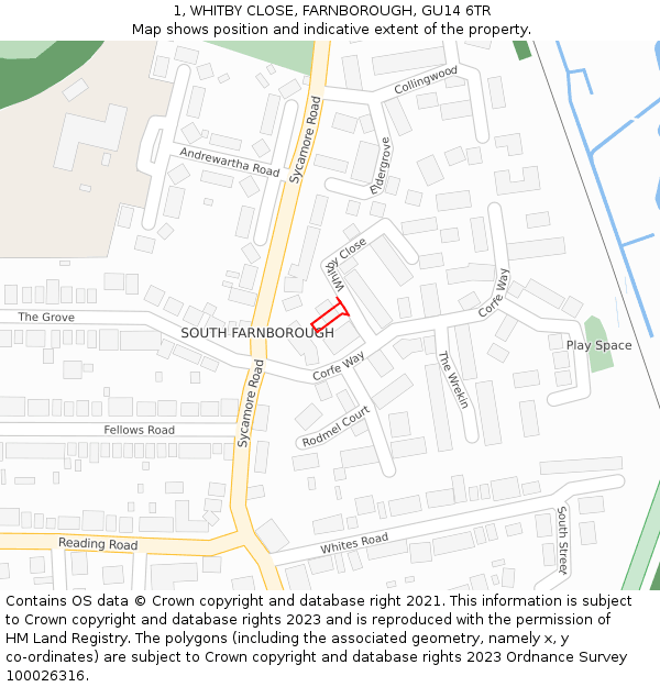 1, WHITBY CLOSE, FARNBOROUGH, GU14 6TR: Location map and indicative extent of plot