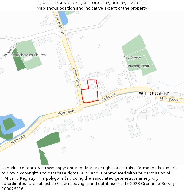 1, WHITE BARN CLOSE, WILLOUGHBY, RUGBY, CV23 8BG: Location map and indicative extent of plot