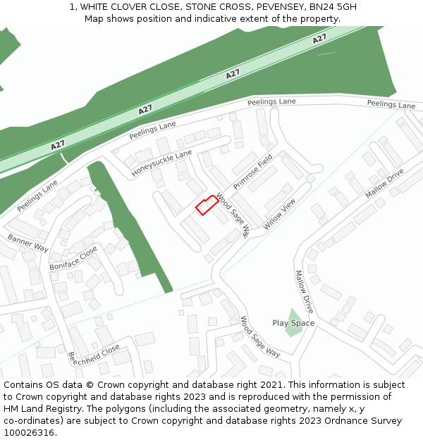 1, WHITE CLOVER CLOSE, STONE CROSS, PEVENSEY, BN24 5GH: Location map and indicative extent of plot