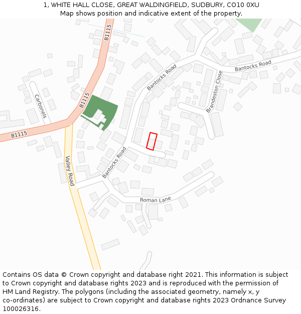 1, WHITE HALL CLOSE, GREAT WALDINGFIELD, SUDBURY, CO10 0XU: Location map and indicative extent of plot