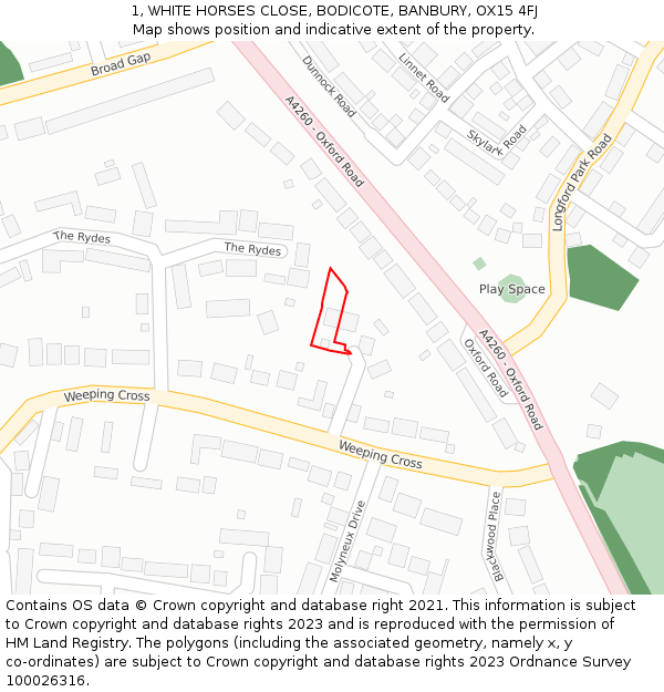 1, WHITE HORSES CLOSE, BODICOTE, BANBURY, OX15 4FJ: Location map and indicative extent of plot