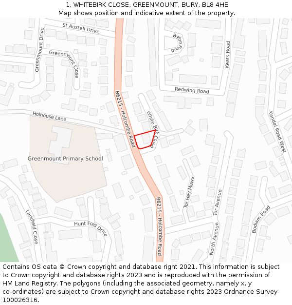 1, WHITEBIRK CLOSE, GREENMOUNT, BURY, BL8 4HE: Location map and indicative extent of plot