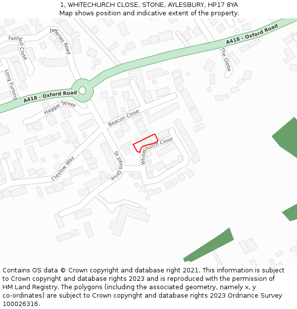 1, WHITECHURCH CLOSE, STONE, AYLESBURY, HP17 8YA: Location map and indicative extent of plot