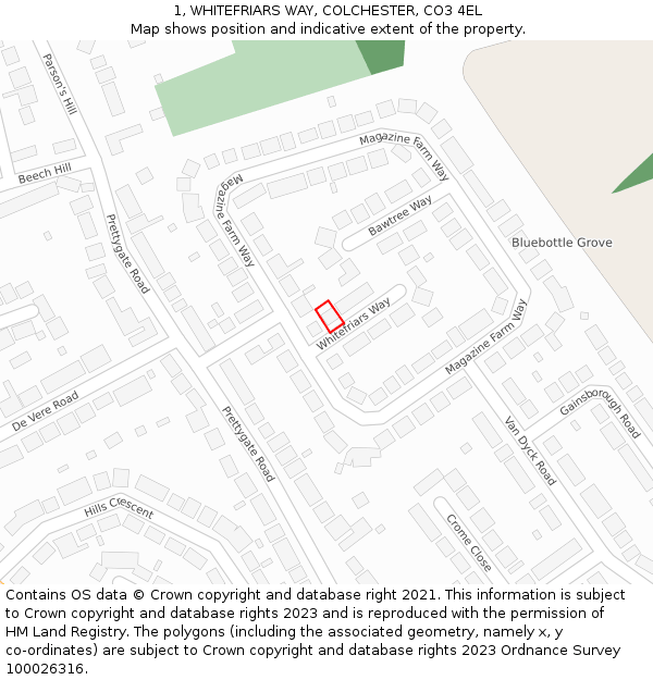 1, WHITEFRIARS WAY, COLCHESTER, CO3 4EL: Location map and indicative extent of plot