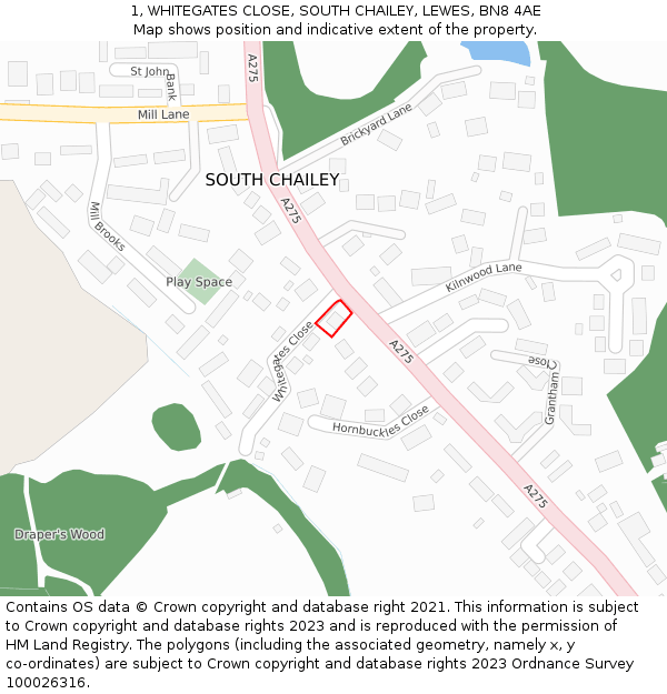 1, WHITEGATES CLOSE, SOUTH CHAILEY, LEWES, BN8 4AE: Location map and indicative extent of plot