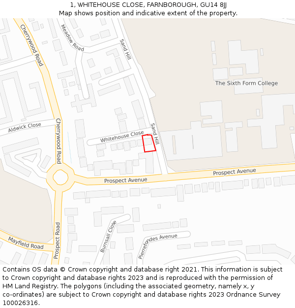 1, WHITEHOUSE CLOSE, FARNBOROUGH, GU14 8JJ: Location map and indicative extent of plot