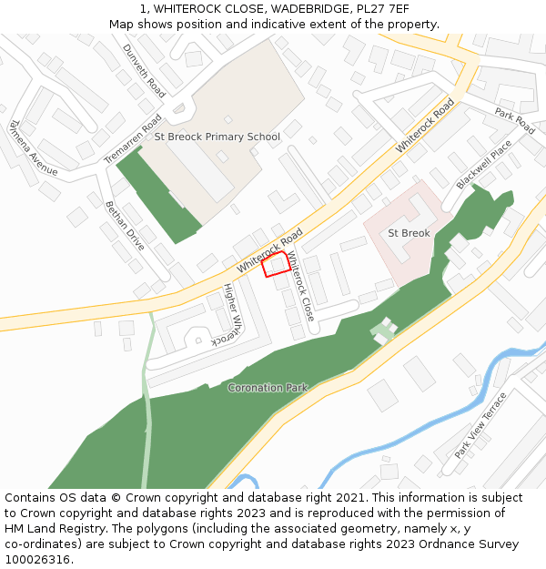 1, WHITEROCK CLOSE, WADEBRIDGE, PL27 7EF: Location map and indicative extent of plot