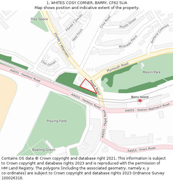 1, WHITES COSY CORNER, BARRY, CF62 5UA: Location map and indicative extent of plot