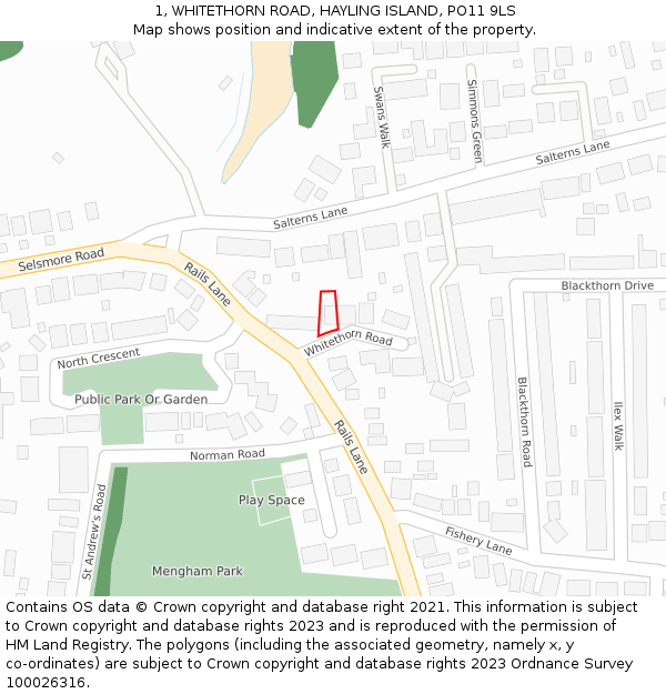 1, WHITETHORN ROAD, HAYLING ISLAND, PO11 9LS: Location map and indicative extent of plot