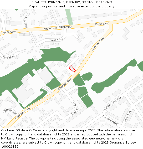1, WHITETHORN VALE, BRENTRY, BRISTOL, BS10 6ND: Location map and indicative extent of plot
