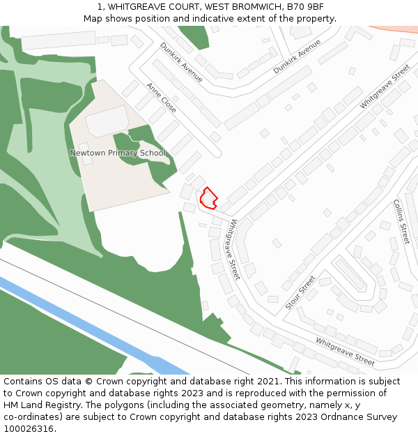 1, WHITGREAVE COURT, WEST BROMWICH, B70 9BF: Location map and indicative extent of plot