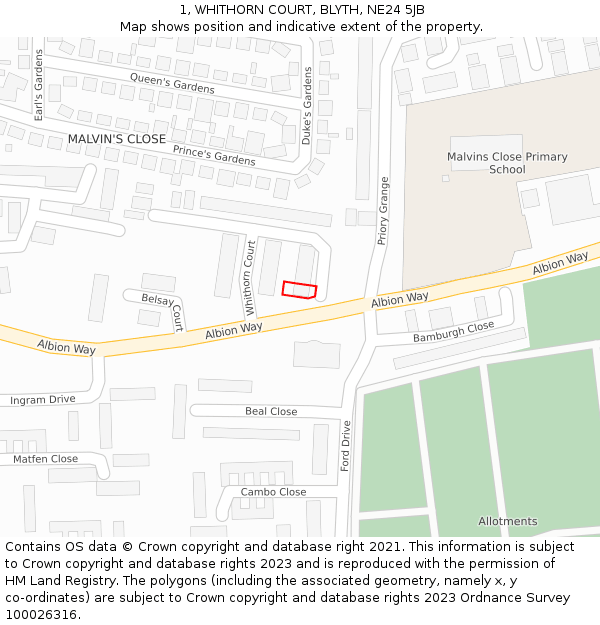 1, WHITHORN COURT, BLYTH, NE24 5JB: Location map and indicative extent of plot