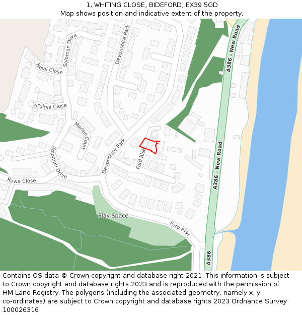 1, WHITING CLOSE, BIDEFORD, EX39 5GD: Location map and indicative extent of plot