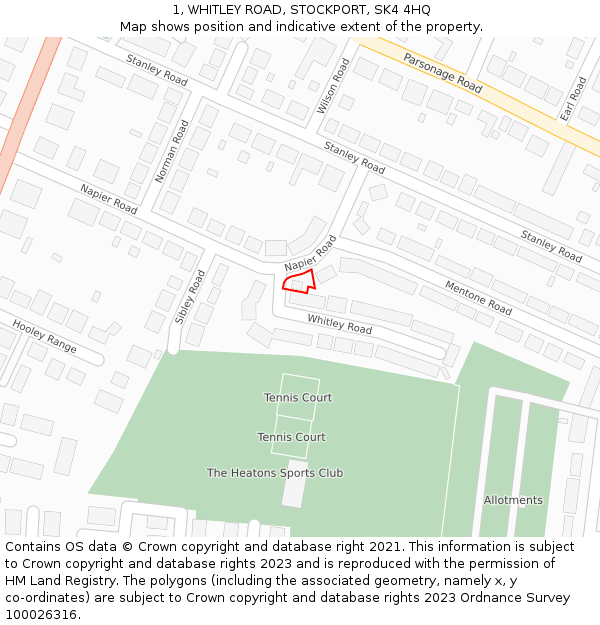 1, WHITLEY ROAD, STOCKPORT, SK4 4HQ: Location map and indicative extent of plot