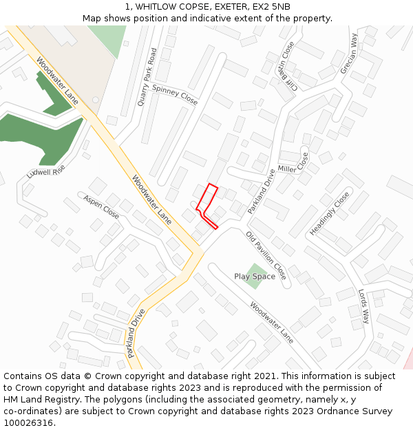 1, WHITLOW COPSE, EXETER, EX2 5NB: Location map and indicative extent of plot