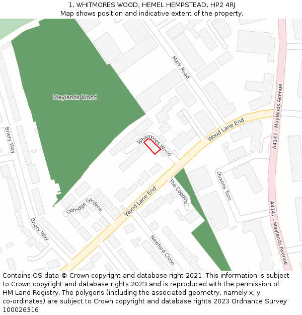 1, WHITMORES WOOD, HEMEL HEMPSTEAD, HP2 4RJ: Location map and indicative extent of plot