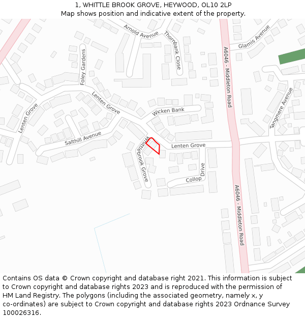 1, WHITTLE BROOK GROVE, HEYWOOD, OL10 2LP: Location map and indicative extent of plot