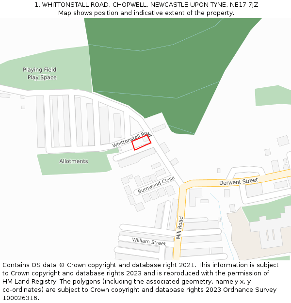 1, WHITTONSTALL ROAD, CHOPWELL, NEWCASTLE UPON TYNE, NE17 7JZ: Location map and indicative extent of plot