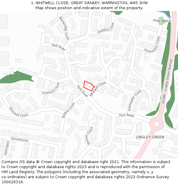 1, WHITWELL CLOSE, GREAT SANKEY, WARRINGTON, WA5 3HW: Location map and indicative extent of plot