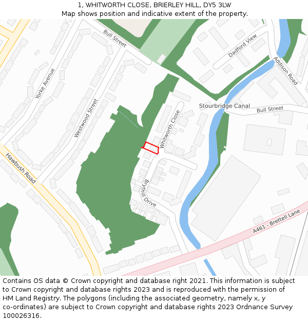 1, WHITWORTH CLOSE, BRIERLEY HILL, DY5 3LW: Location map and indicative extent of plot