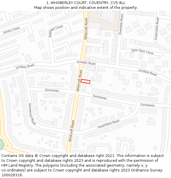 1, WHOBERLEY COURT, COVENTRY, CV5 8LL: Location map and indicative extent of plot