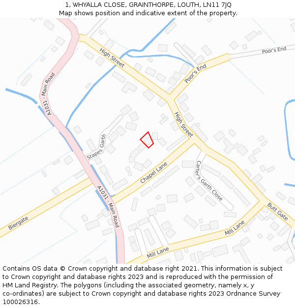 1, WHYALLA CLOSE, GRAINTHORPE, LOUTH, LN11 7JQ: Location map and indicative extent of plot