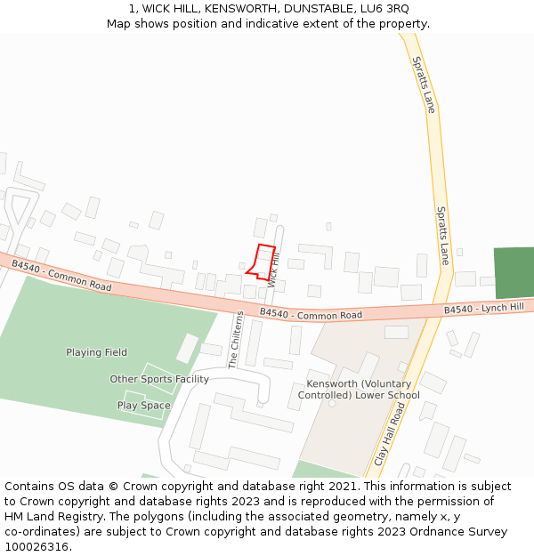1, WICK HILL, KENSWORTH, DUNSTABLE, LU6 3RQ: Location map and indicative extent of plot