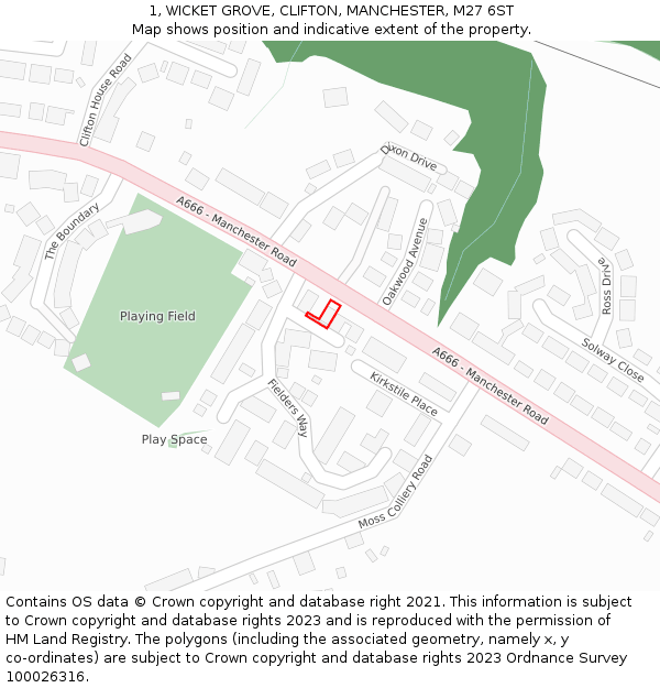 1, WICKET GROVE, CLIFTON, MANCHESTER, M27 6ST: Location map and indicative extent of plot