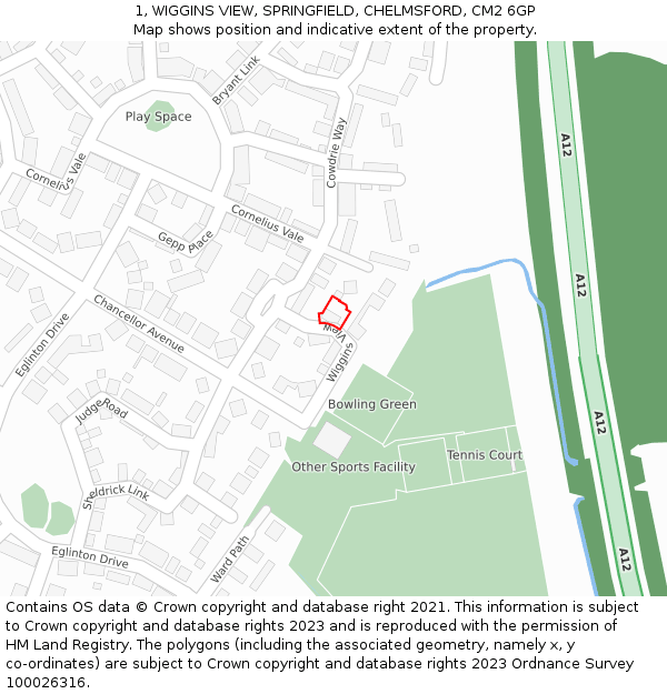 1, WIGGINS VIEW, SPRINGFIELD, CHELMSFORD, CM2 6GP: Location map and indicative extent of plot