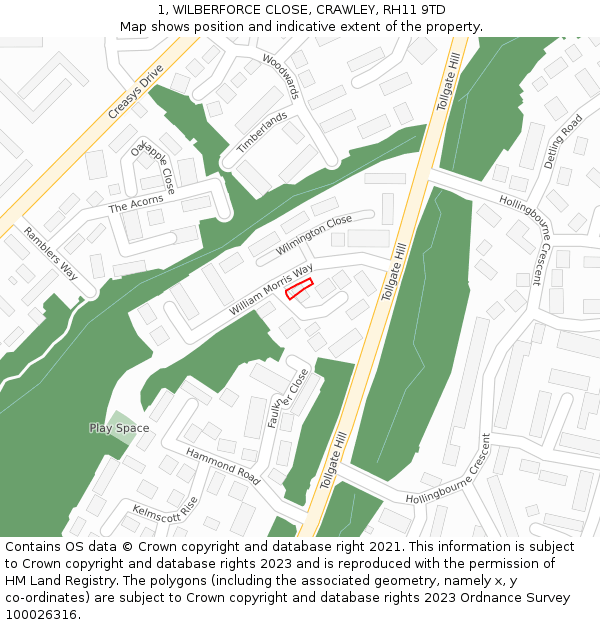 1, WILBERFORCE CLOSE, CRAWLEY, RH11 9TD: Location map and indicative extent of plot