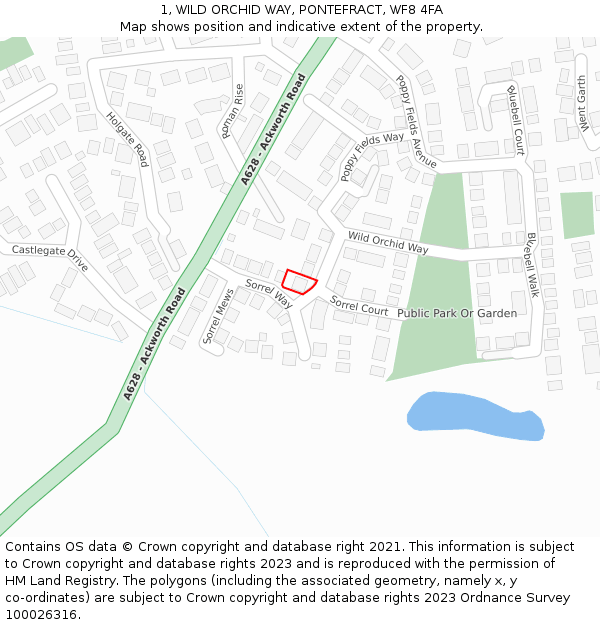 1, WILD ORCHID WAY, PONTEFRACT, WF8 4FA: Location map and indicative extent of plot