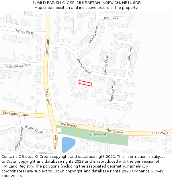 1, WILD RADISH CLOSE, MULBARTON, NORWICH, NR14 8DB: Location map and indicative extent of plot