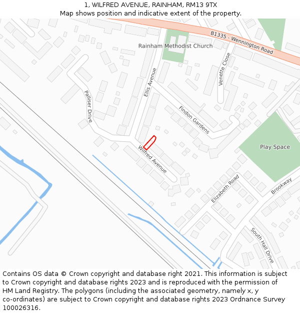 1, WILFRED AVENUE, RAINHAM, RM13 9TX: Location map and indicative extent of plot