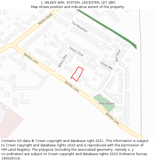 1, WILKES WAY, SYSTON, LEICESTER, LE7 2BN: Location map and indicative extent of plot