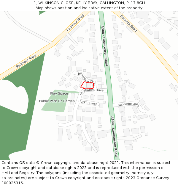 1, WILKINSON CLOSE, KELLY BRAY, CALLINGTON, PL17 8GH: Location map and indicative extent of plot