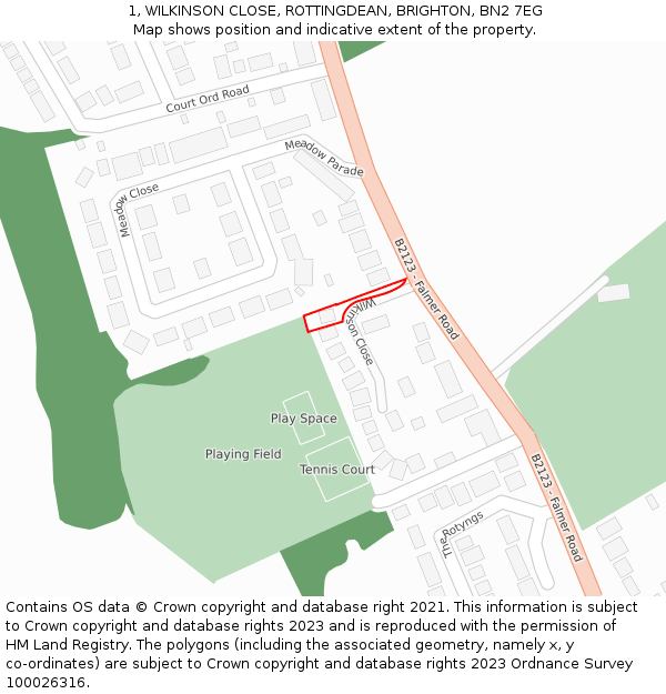 1, WILKINSON CLOSE, ROTTINGDEAN, BRIGHTON, BN2 7EG: Location map and indicative extent of plot