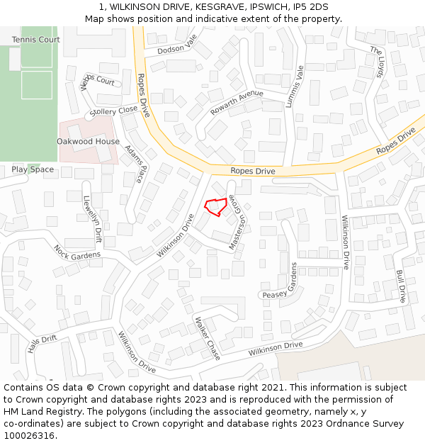 1, WILKINSON DRIVE, KESGRAVE, IPSWICH, IP5 2DS: Location map and indicative extent of plot